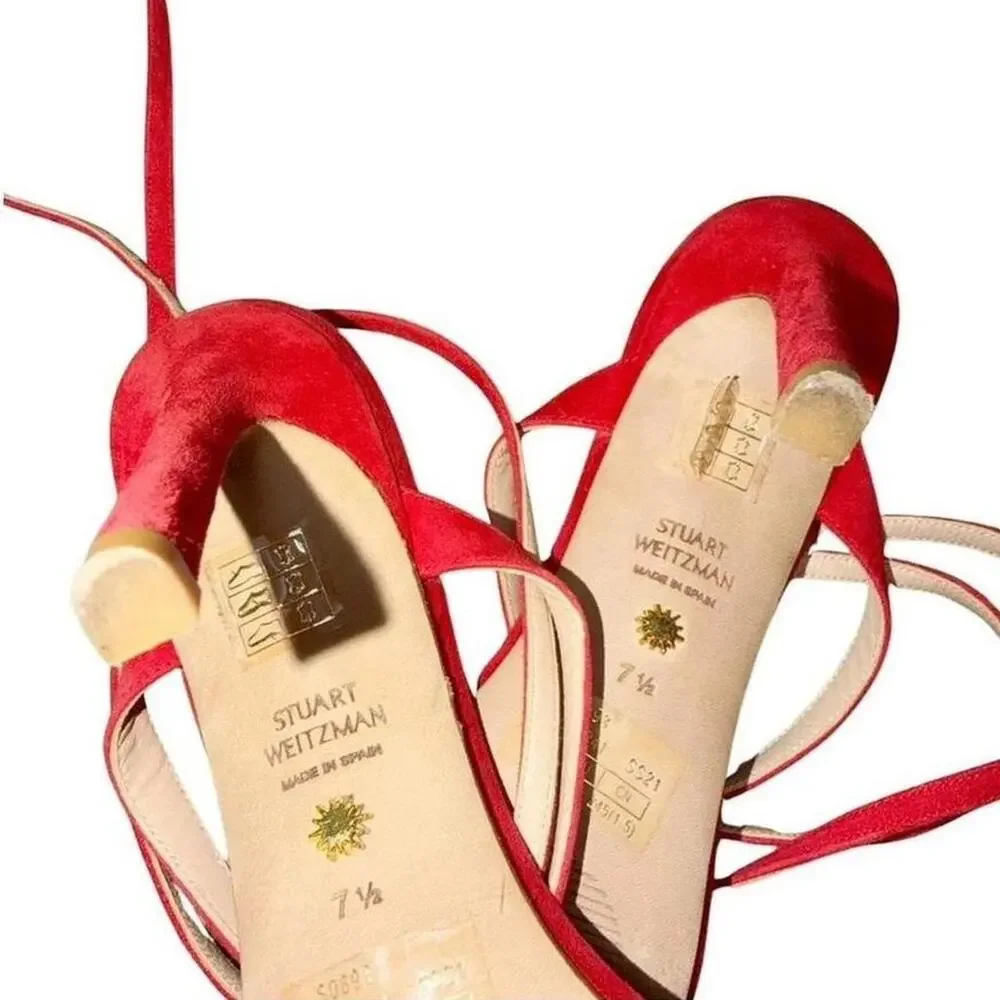 Stuart Weitzman Ellsie 100 Red Suede Ankle Strap Sandal Heel 7.5
